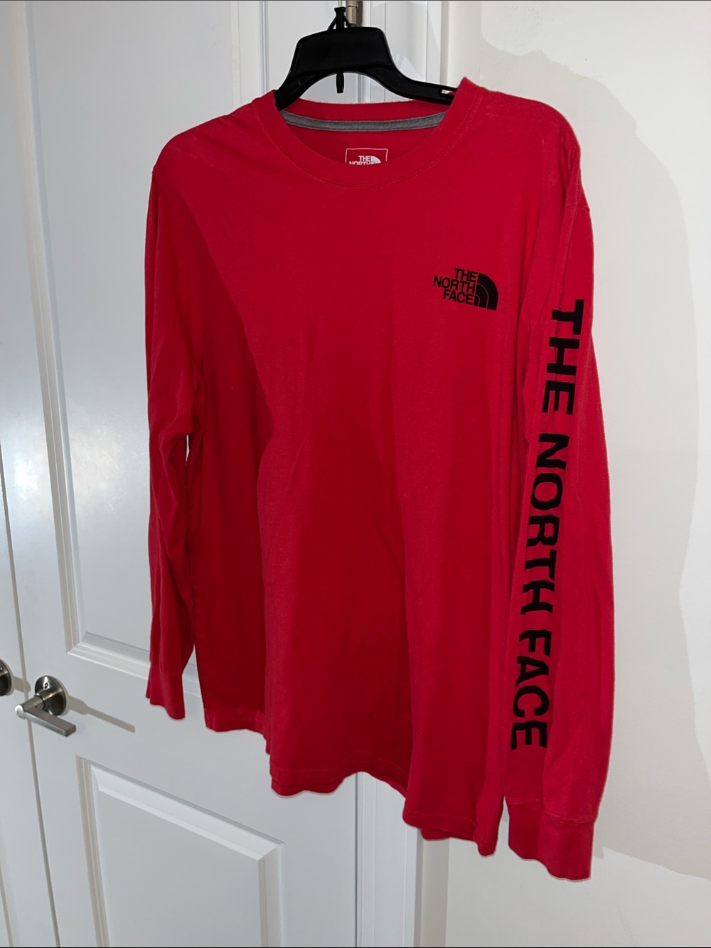 Red The North Face Print Logo T-Shirt Spell out sleeve Half Dome Chest L Mens